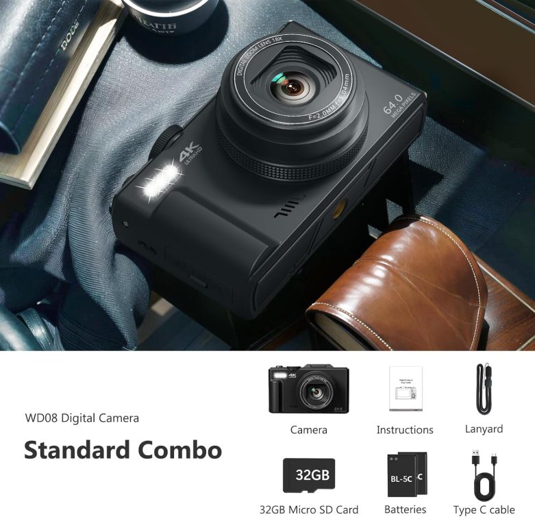 4K Digital Camera for Photography, 64MP Vlogging Camera for YouTube with 3" 180° Flip Screen, 18X Digital Zoom Point and Shoot Camara with 32GB Micro SD Card for Beginner (Black) - Image 6