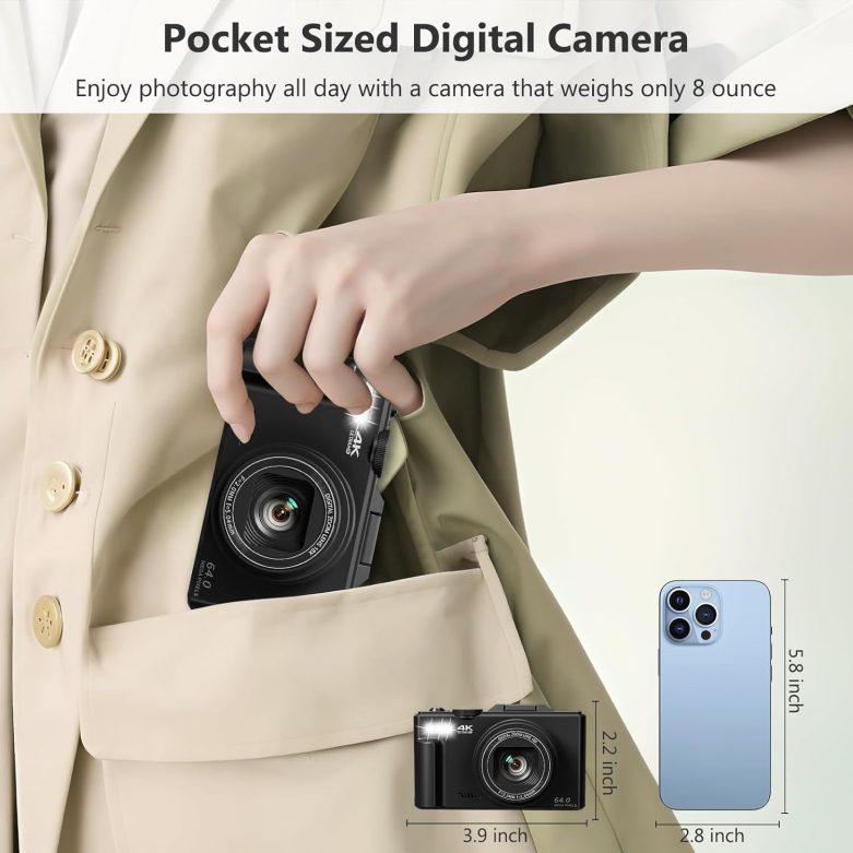 4K Digital Camera for Photography, 64MP Vlogging Camera for YouTube with 3" 180° Flip Screen, 18X Digital Zoom Point and Shoot Camara with 32GB Micro SD Card for Beginner (Black) - Image 7