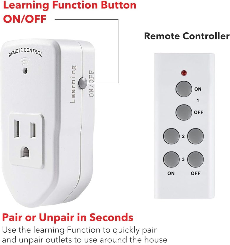 Wireless Remote Control Electrical Outlet Switch for Lights, Fans, Christmas Lights, Small Appliance, Long Range White 10A/1200W, 1 Remote + 1 Outlet - Image 4